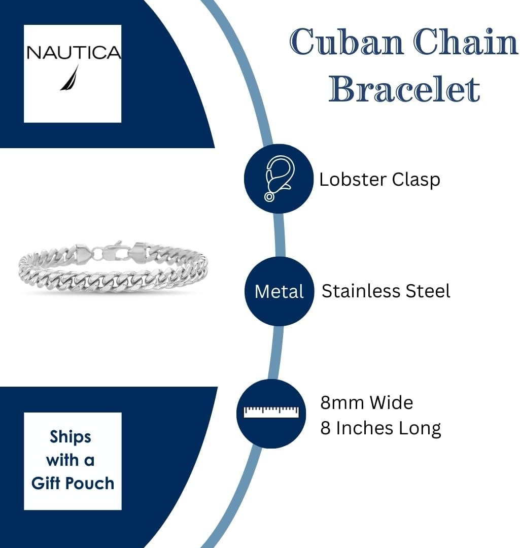 image:imageNautica Stainless Steel Bracelet for Men 8mm Wide Miami Cuban Chain 8 Inches Long Lobster Clasp