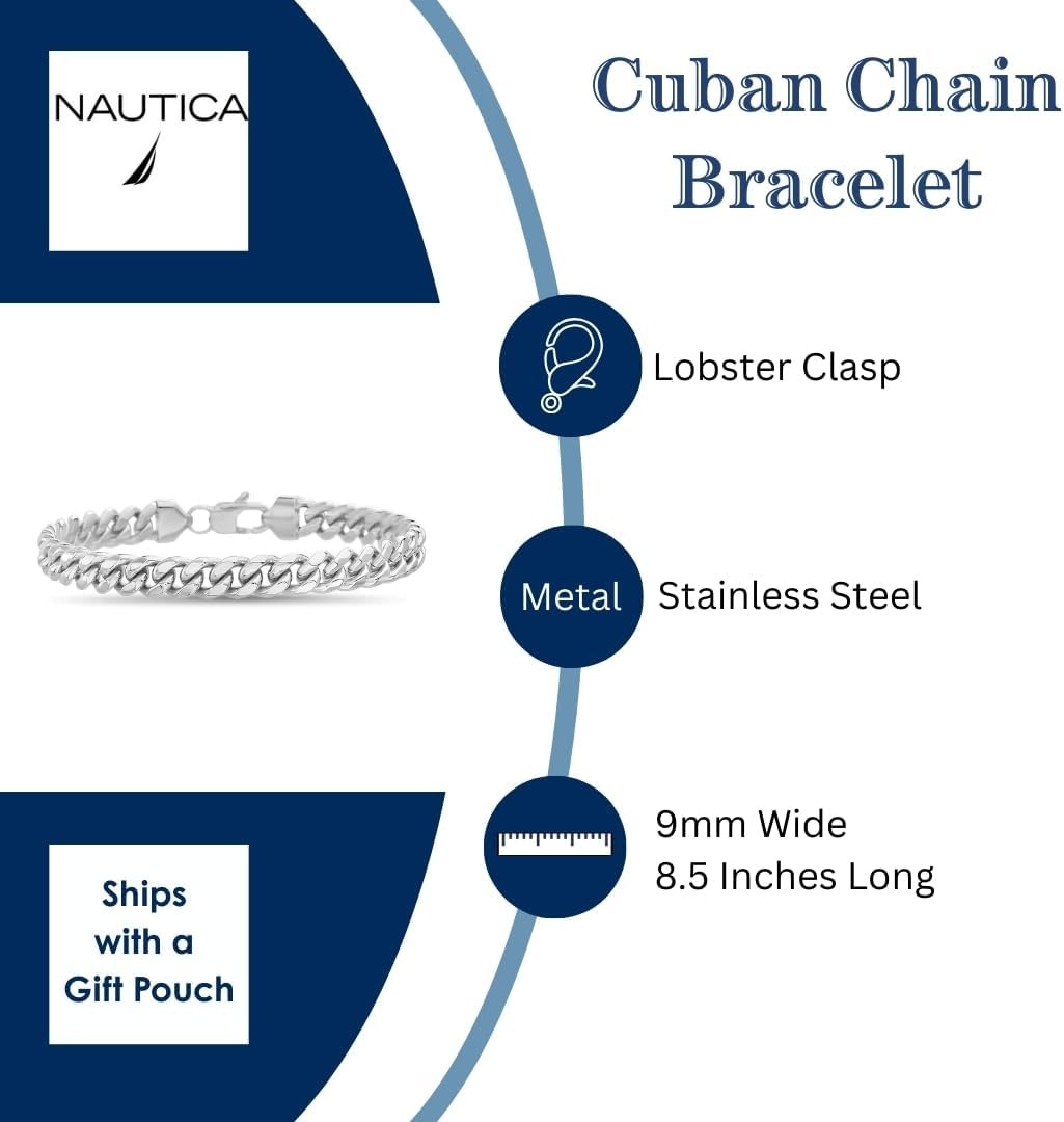 image:imageNautica Stainless Steel Bracelet for Men 9mm Wide Miami Cuban Link Chain 85 Inches Long Lobster Clasp