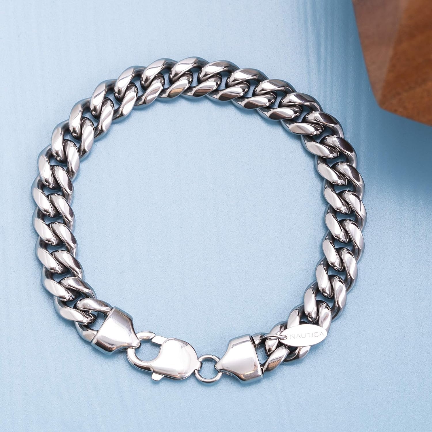 image:imageNautica Stainless Steel Bracelet for Men 9mm Wide Miami Cuban Link Chain 85 Inches Long Lobster Clasp