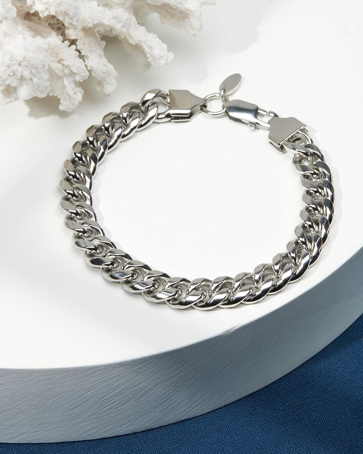 image:imageNautica Stainless Steel Bracelet for Men Miami Cuban Flat Link Chain Bracelet Lobster Clasp10 MM