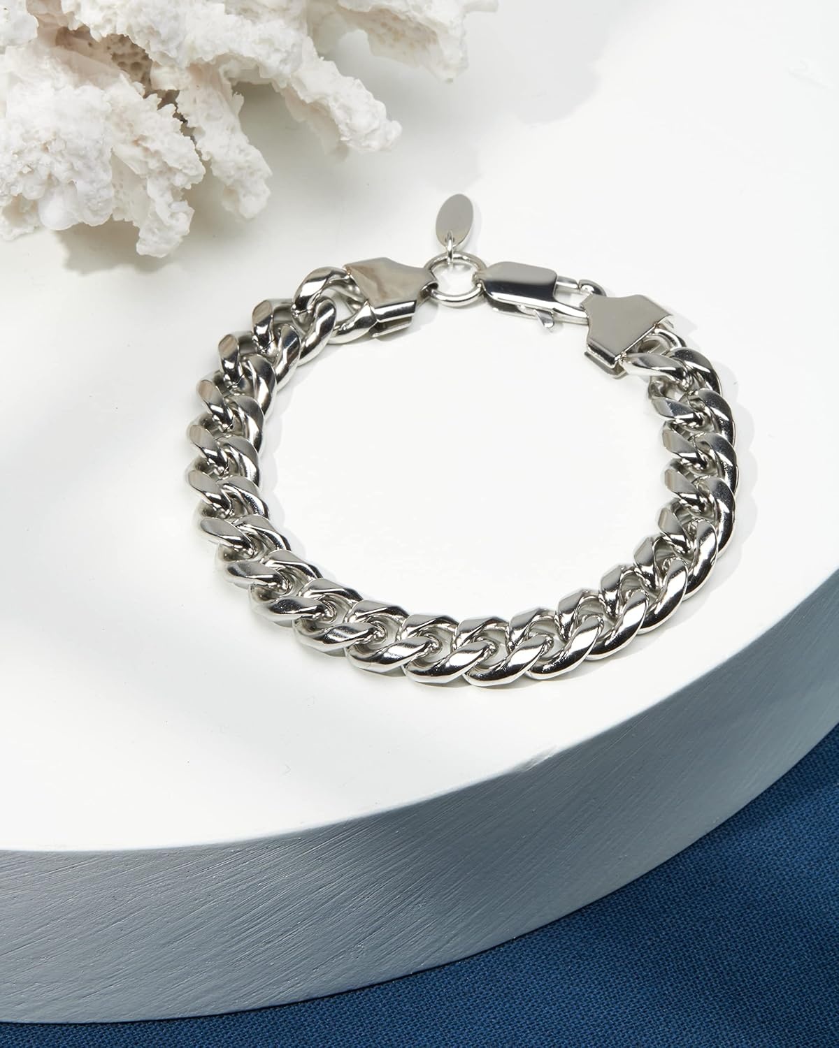 image:imageNautica Stainless Steel Bracelet for Men Miami Cuban Flat Link Chain Bracelet Lobster Clasp10 MM