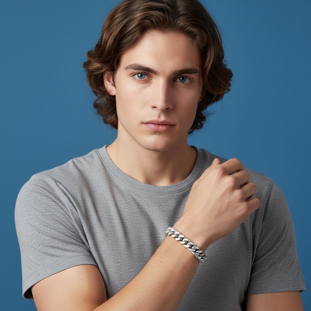 image:imageNautica Stainless Steel Bracelet for Men Miami Cuban Flat Link Chain Bracelet Lobster Clasp10 MM