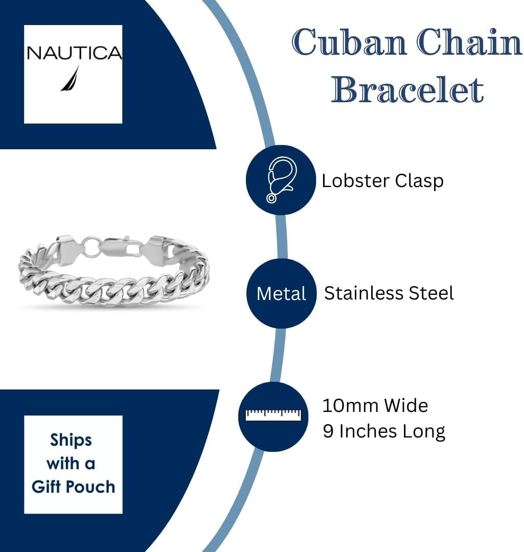 image:imageNautica Stainless Steel Bracelet for Men Miami Cuban Flat Link Chain Bracelet Lobster Clasp10 MM