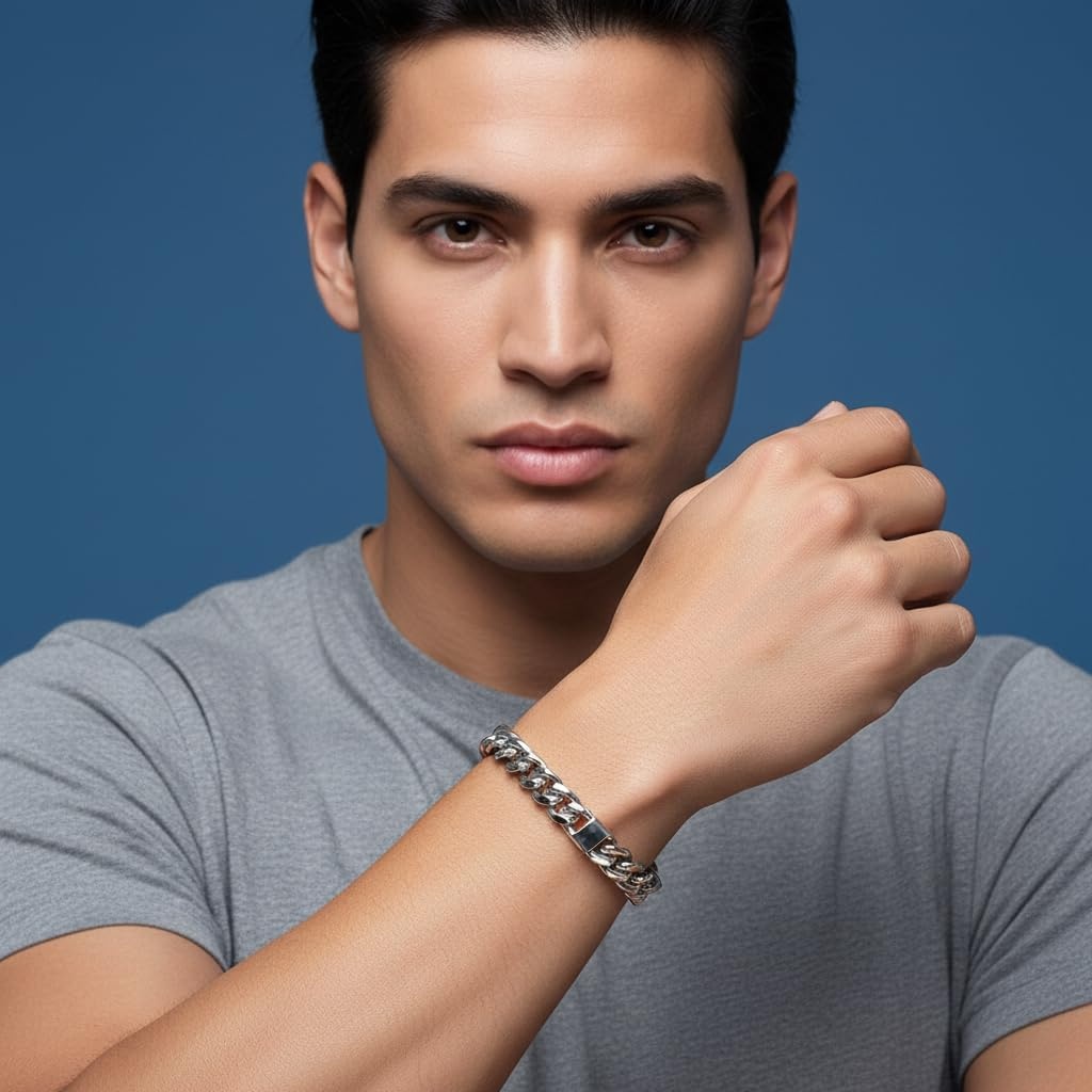 image:imageNautica Stainless Steel Bracelet for Men Miami Cuban Flat Link Chain Bracelet Lobster Clasp8 MM
