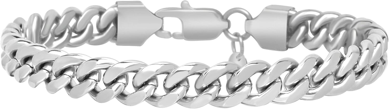 image:imageNautica Stainless Steel Bracelet for Men Miami Cuban Flat Link Chain Bracelet Lobster Clasp8 MM