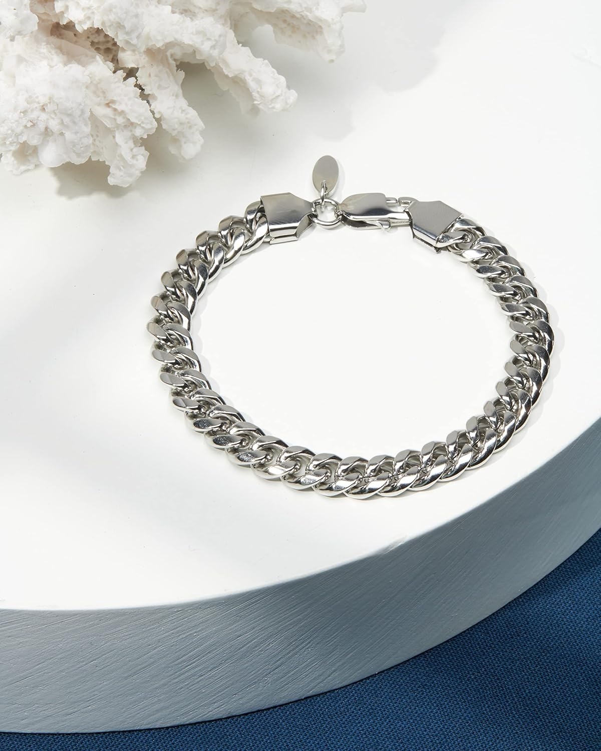 image:imageNautica Stainless Steel Bracelet for Men Miami Cuban Flat Link Chain Bracelet Lobster Clasp8 MM