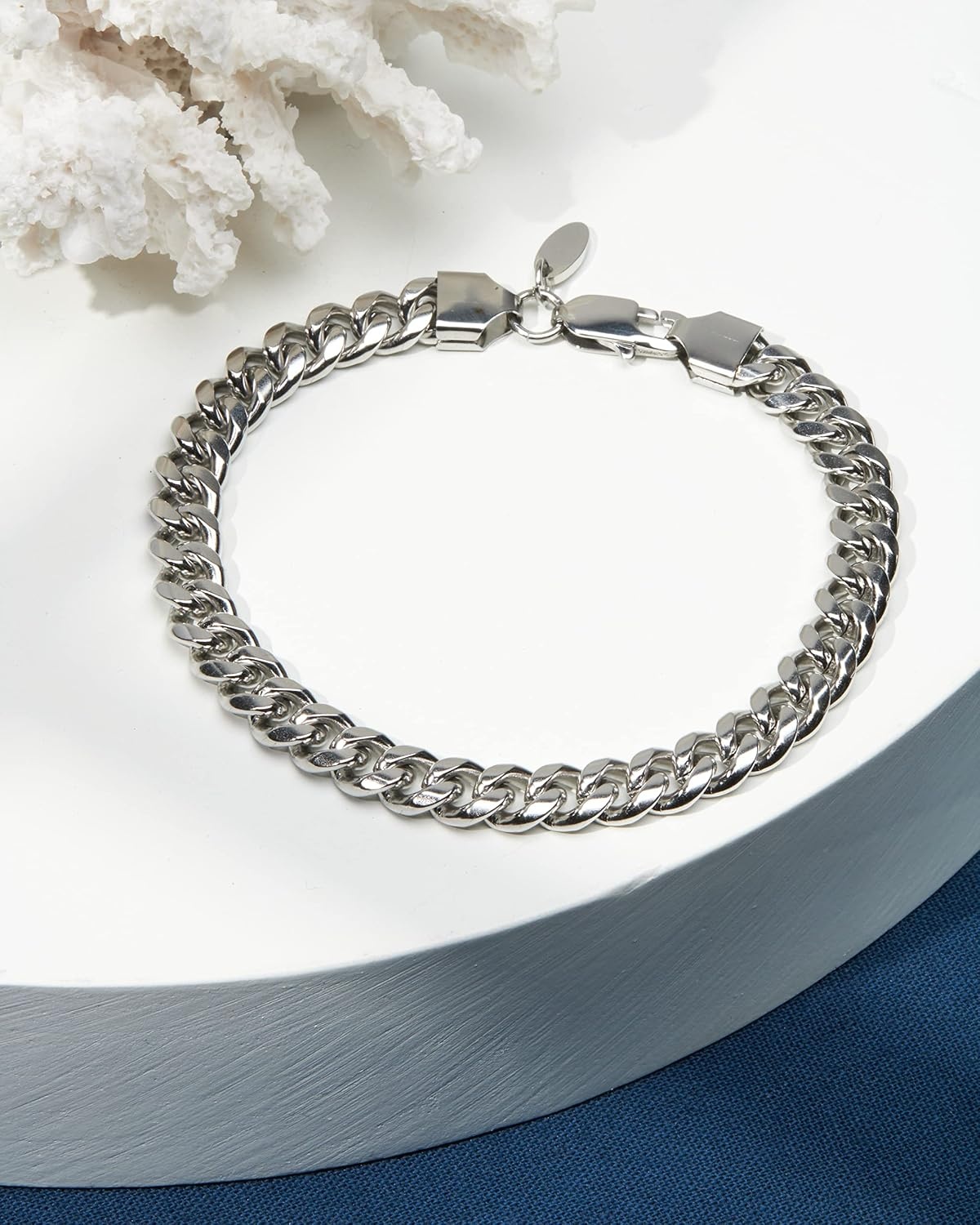 image:imageNautica Stainless Steel Bracelet for Men Miami Cuban Flat Link Chain Bracelet Lobster Clasp8 MM