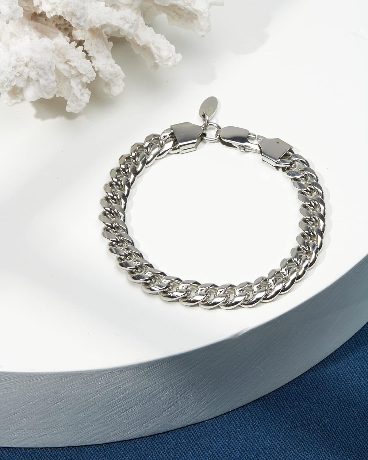 image:imageNautica Stainless Steel Bracelet for Men Miami Cuban Flat Link Chain Bracelet Lobster Clasp8 MM