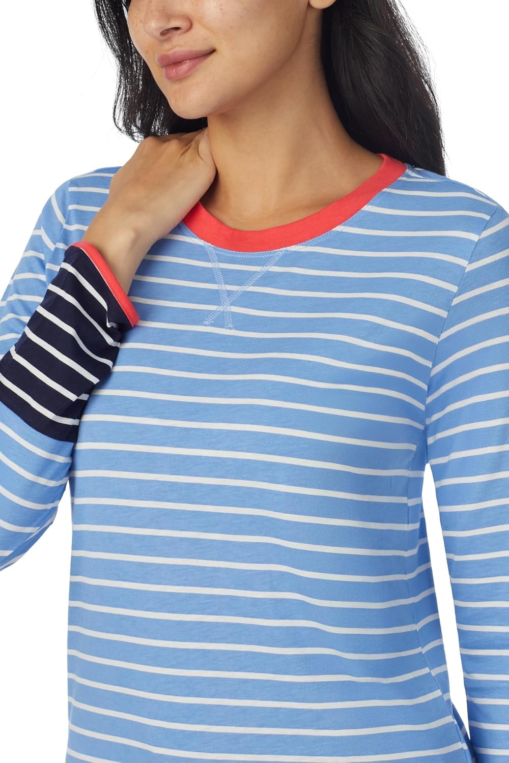 image:imageNautica Striped Lightweight Cotton Pajama PJ Set for Women Womens Long Sleeve PJs Pajamas Crewneck Shirt amp Jogger Pants SetsBlue Stp