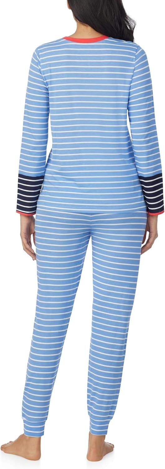 image:imageNautica Striped Lightweight Cotton Pajama PJ Set for Women Womens Long Sleeve PJs Pajamas Crewneck Shirt amp Jogger Pants SetsBlue Stp
