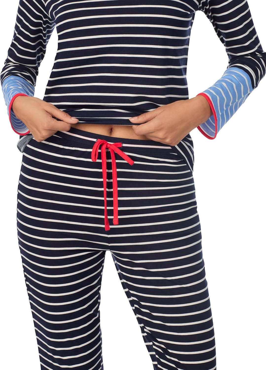 image:imageNautica Striped Lightweight Cotton Pajama PJ Set for Women Womens Long Sleeve PJs Pajamas Crewneck Shirt amp Jogger Pants SetsNavy Stp