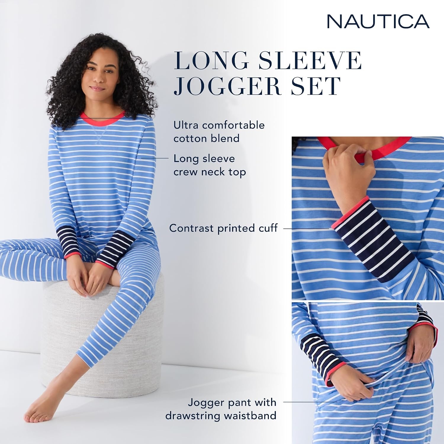 image:imageNautica Striped Lightweight Cotton Pajama PJ Set for Women Womens Long Sleeve PJs Pajamas Crewneck Shirt amp Jogger Pants SetsNavy Stp