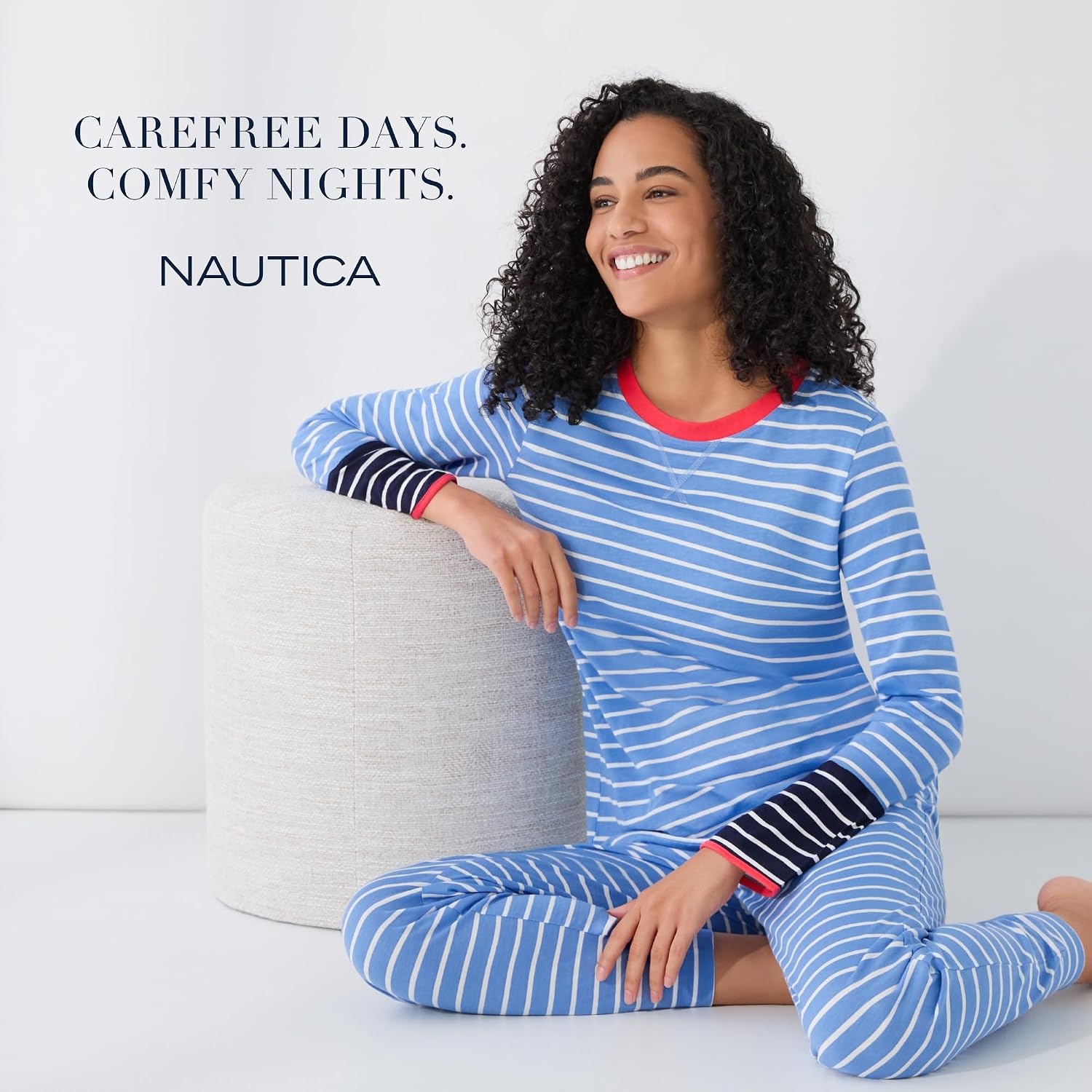 image:imageNautica Striped Lightweight Cotton Pajama PJ Set for Women Womens Long Sleeve PJs Pajamas Crewneck Shirt amp Jogger Pants SetsNavy Stp