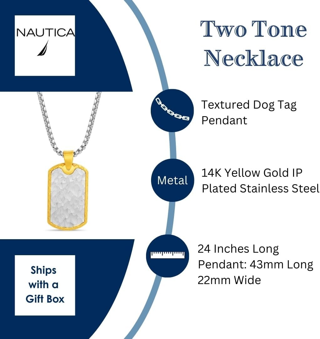 image:imageNautica Two Tone Dog Tag Necklace for Men 14K Yellow Gold IP Plated Stainless Steel 26 Inches