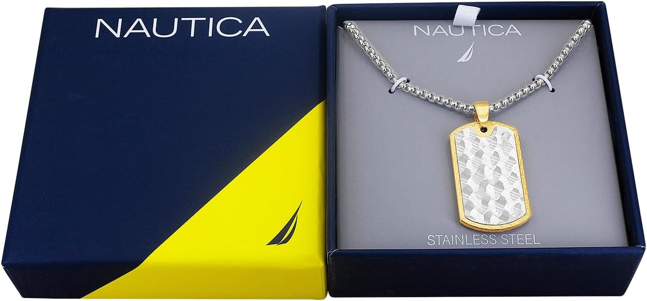 image:imageNautica Two Tone Dog Tag Necklace for Men 14K Yellow Gold IP Plated Stainless Steel 26 Inches