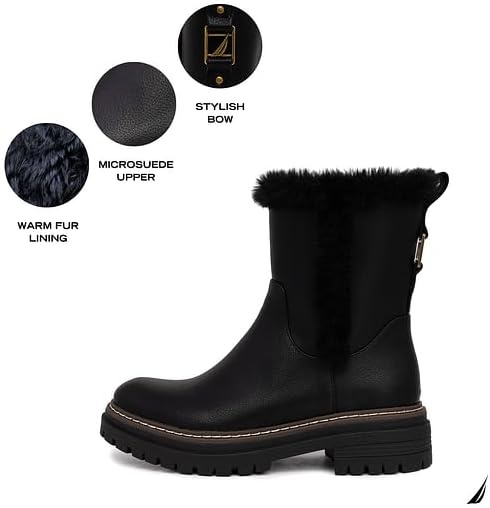 image:imageNautica Women Fur Chelsea Boots Winter Platform Chunky Low Heel Microsuede Comfortable amp Slip Resistant Ankle Mid Calf Boots for LadiesBlack