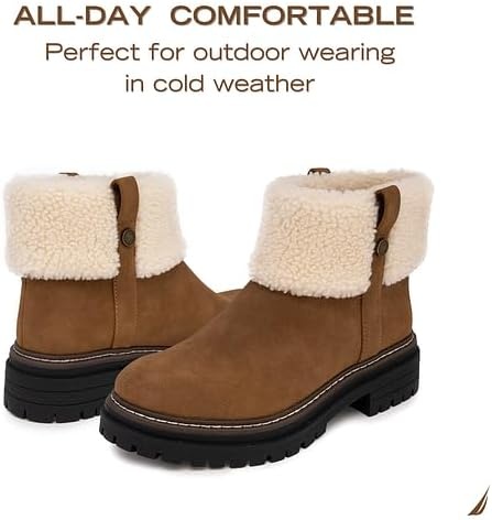 image:imageNautica Women Fur Chelsea Boots Winter Platform Chunky Low Heel Microsuede Comfortable amp Slip Resistant Ankle Mid Calf Boots for LadiesTan