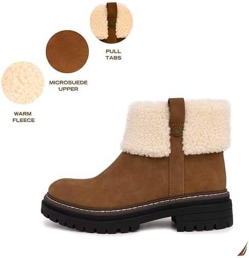 image:imageNautica Women Fur Chelsea Boots Winter Platform Chunky Low Heel Microsuede Comfortable amp Slip Resistant Ankle Mid Calf Boots for LadiesTan
