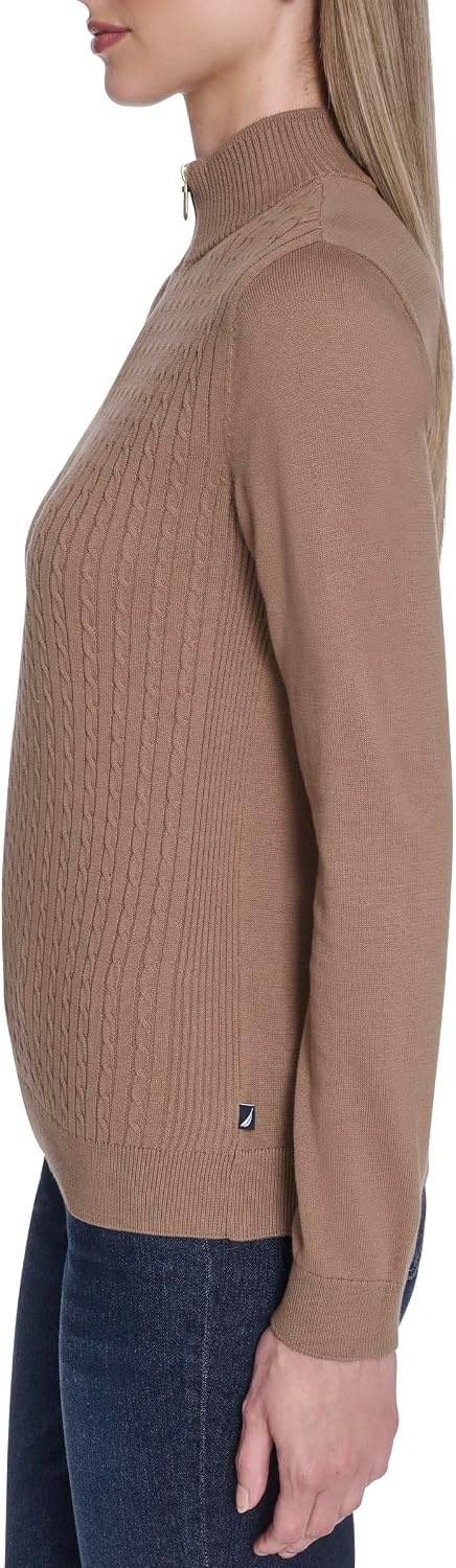 image:imageNautica Womens 14 Zip Mockneck Cable SweaterBarley