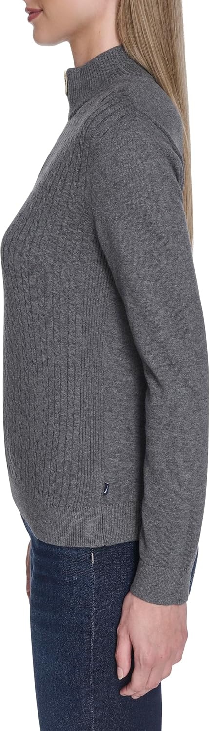 image:imageNautica Womens 14 Zip Mockneck Cable SweaterFog Heather