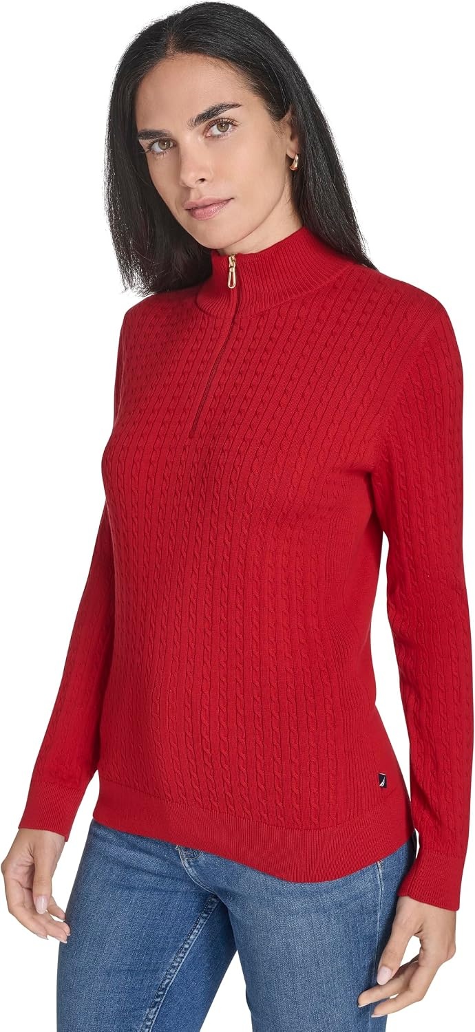 image:imageNautica Womens 14 Zip Mockneck Cable SweaterHaute Red