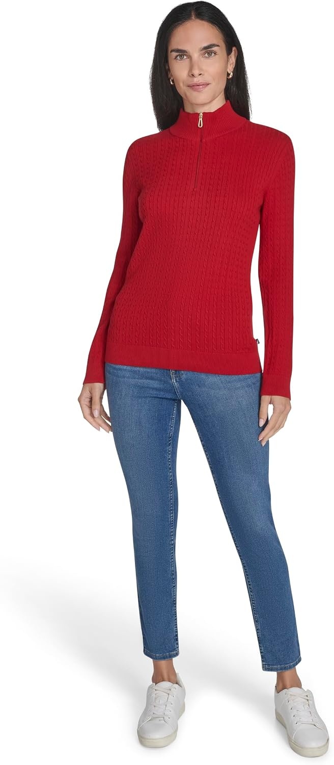 image:imageNautica Womens 14 Zip Mockneck Cable SweaterHaute Red