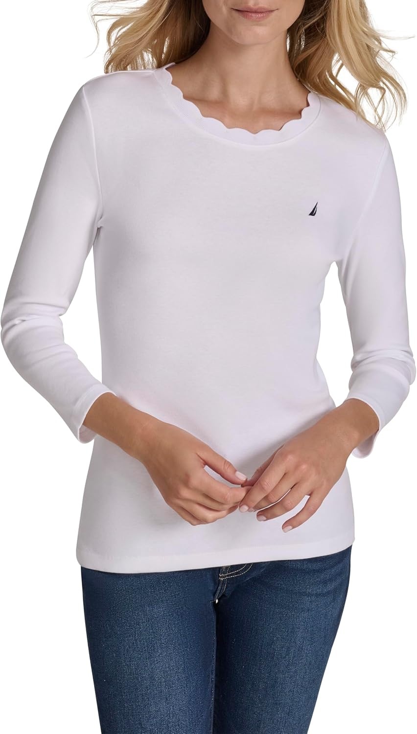 image:imageNautica Womens 34 Sleeve Length Cotton Solid Scalloped Knit TopBright White