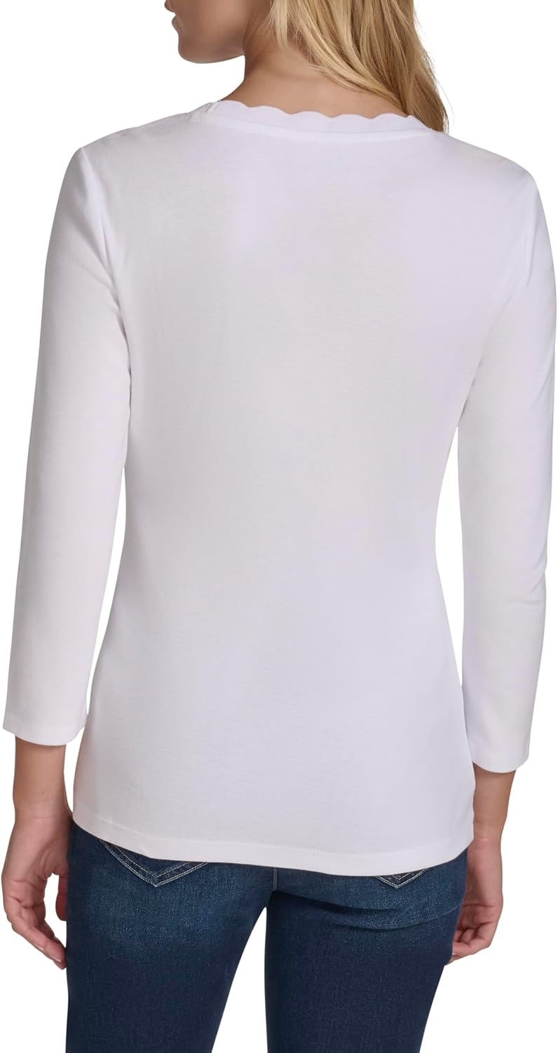 image:imageNautica Womens 34 Sleeve Length Cotton Solid Scalloped Knit TopBright White