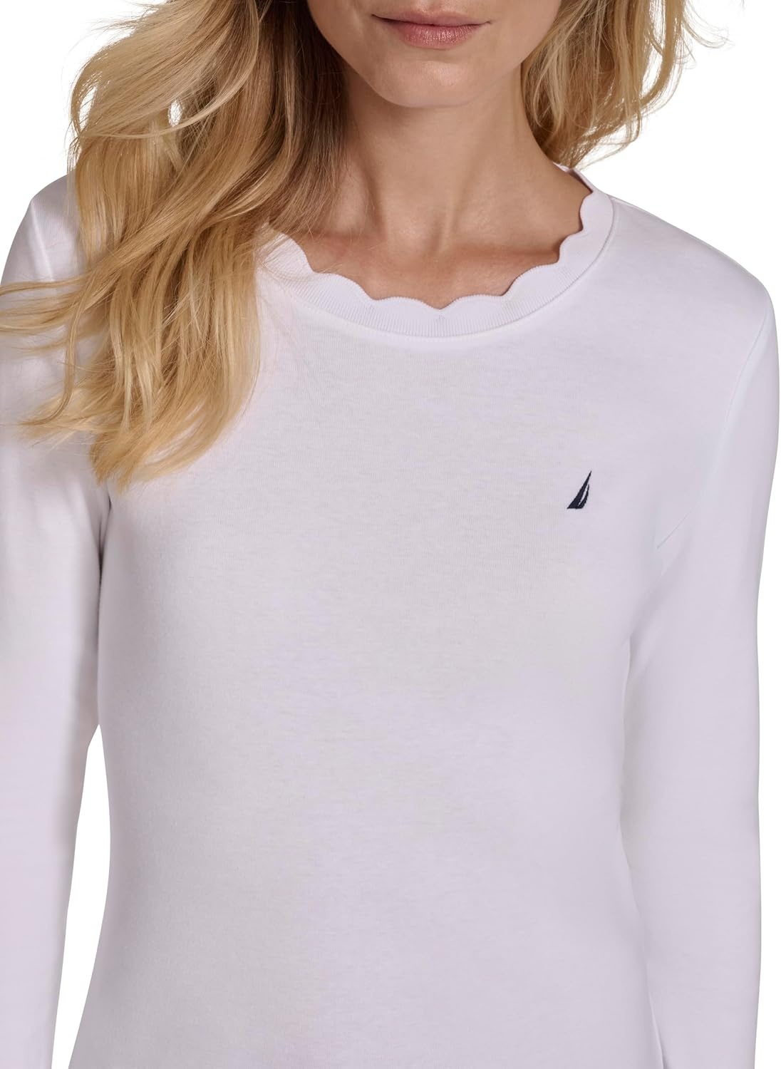 image:imageNautica Womens 34 Sleeve Length Cotton Solid Scalloped Knit TopBright White