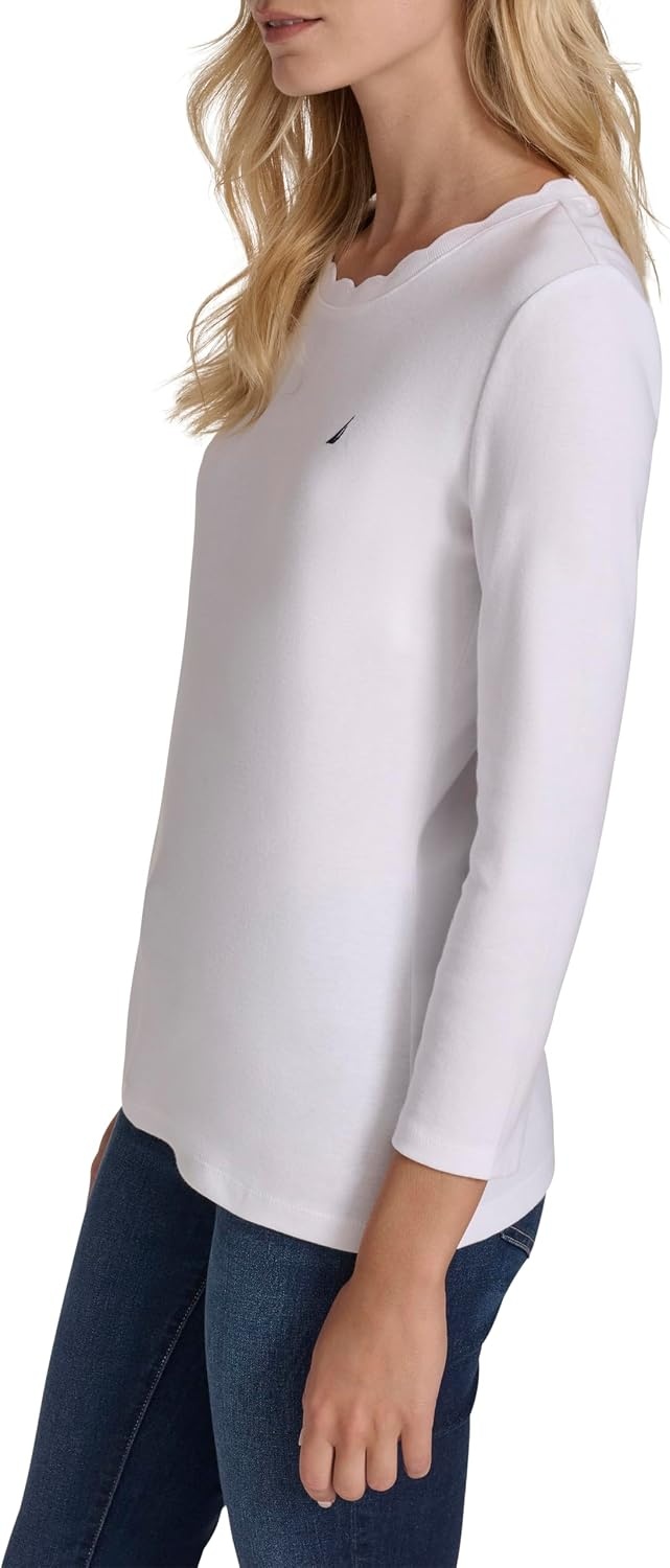 image:imageNautica Womens 34 Sleeve Length Cotton Solid Scalloped Knit TopBright White