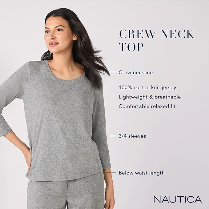 image:imageNautica Womens 34 Sleeve Sleep Shirt Lightweight Breathable Pajama Top Cotton Knit Jersey Crewneck Sleepwear Loungewear2 Pack BlackHeather Pink