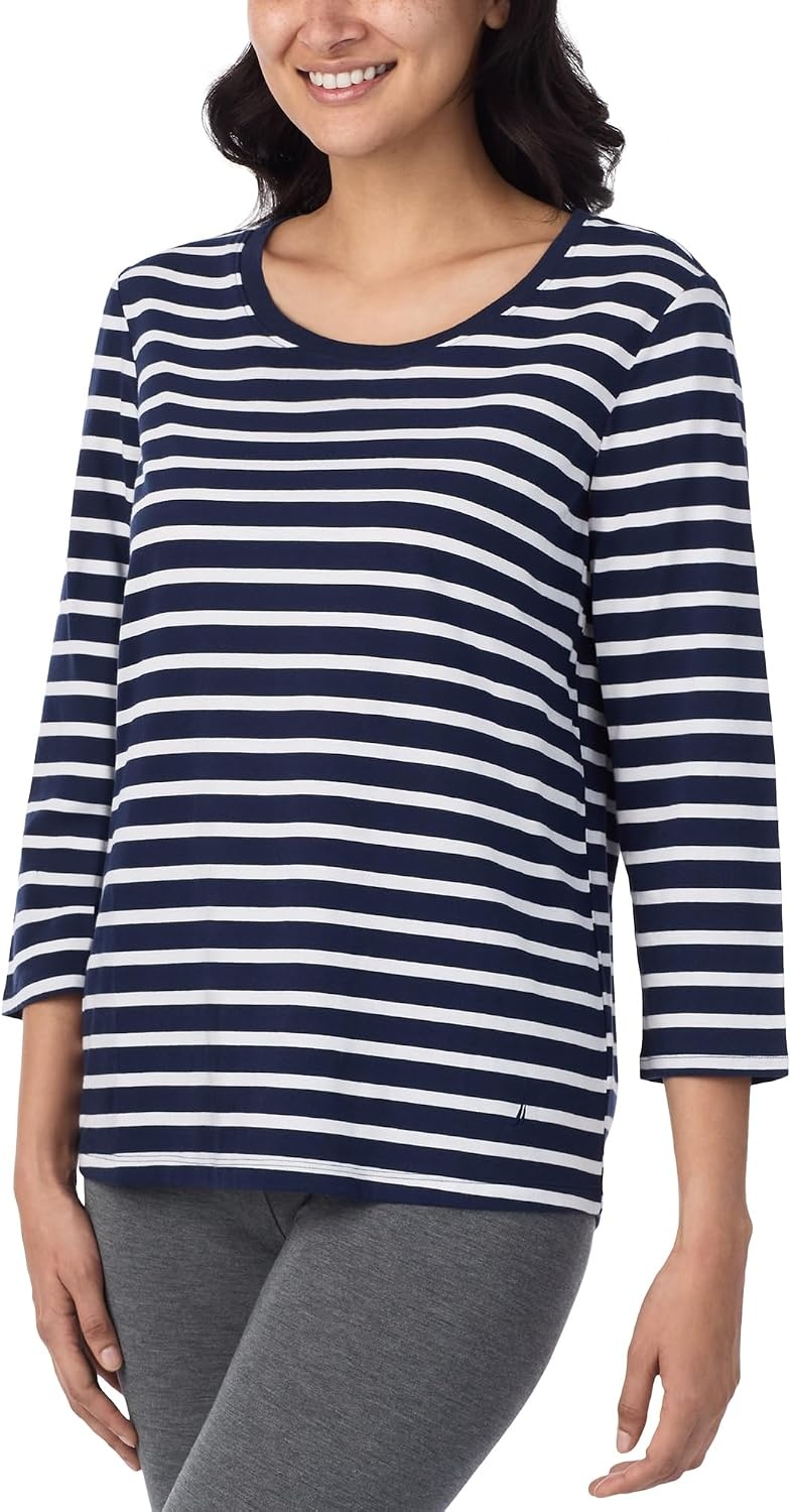 image:imageNautica Womens 34 Sleeve Sleep Shirt Lightweight Breathable Pajama Top Cotton Knit Jersey Crewneck Sleepwear Loungewear2 Pack Navy StripeNavy