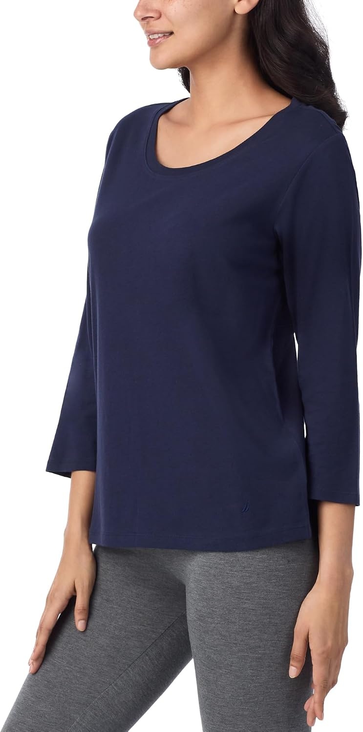 image:imageNautica Womens 34 Sleeve Sleep Shirt Lightweight Breathable Pajama Top Cotton Knit Jersey Crewneck Sleepwear Loungewear2 Pack Navy StripeNavy