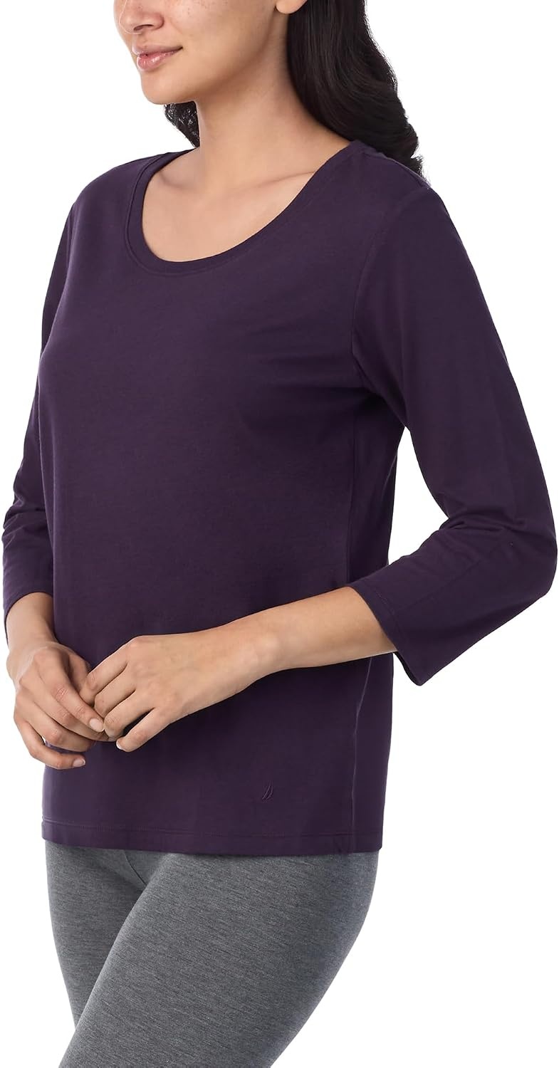 image:imageNautica Womens 34 Sleeve Sleep Shirt Lightweight Breathable Pajama Top Cotton Knit Jersey Crewneck Sleepwear LoungewearEggplant