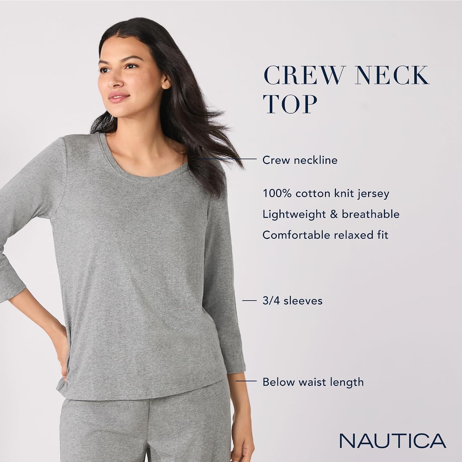image:imageNautica Womens 34 Sleeve Sleep Shirt Lightweight Breathable Pajama Top Cotton Knit Jersey Crewneck Sleepwear LoungewearNavy Stripe