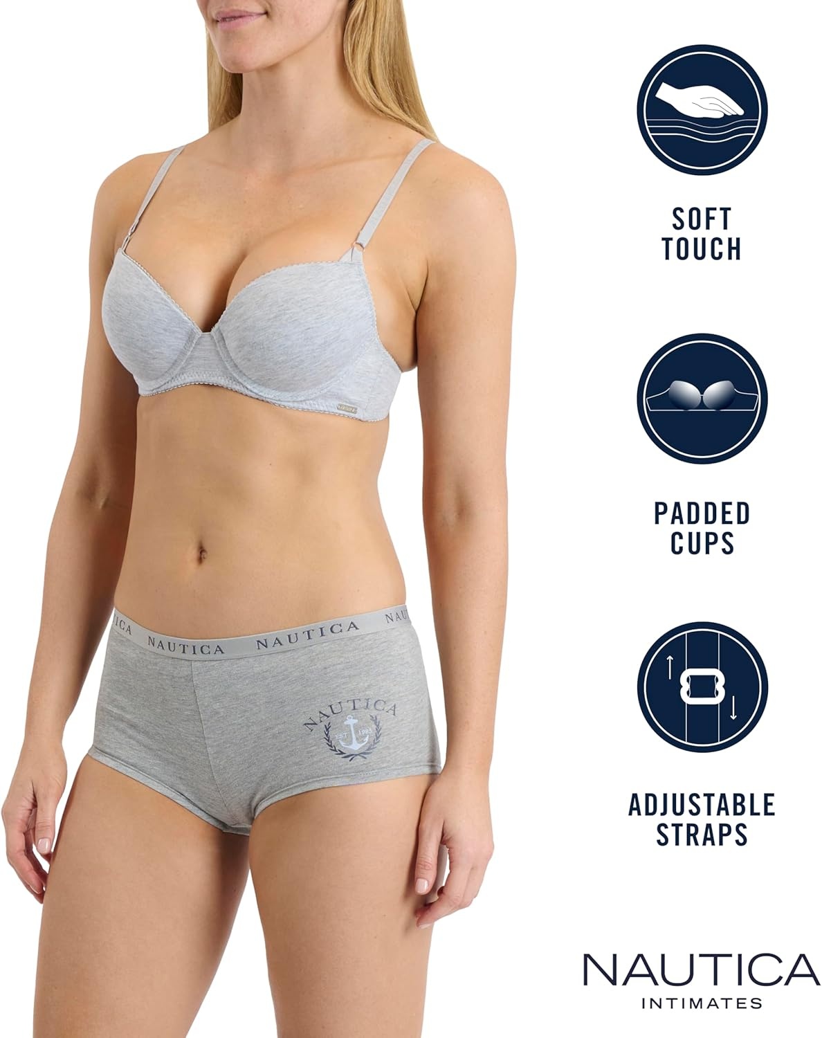 image:imageNautica Womens 3Pack Bras Cotton Blend Light Lift Everyday TShirt Bra SetMd Heather GreyLight MochaWhite