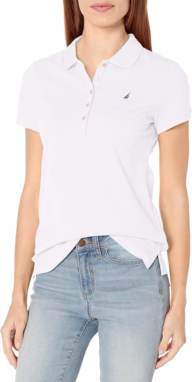image:imageNautica Womens 5Button Short Sleeve Breathable 100 Cotton Polo ShirtBright White