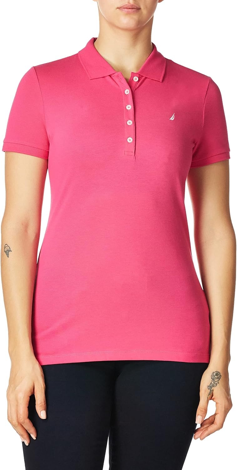 image:imageNautica Womens 5Button Short Sleeve Breathable 100 Cotton Polo ShirtLeis Pink