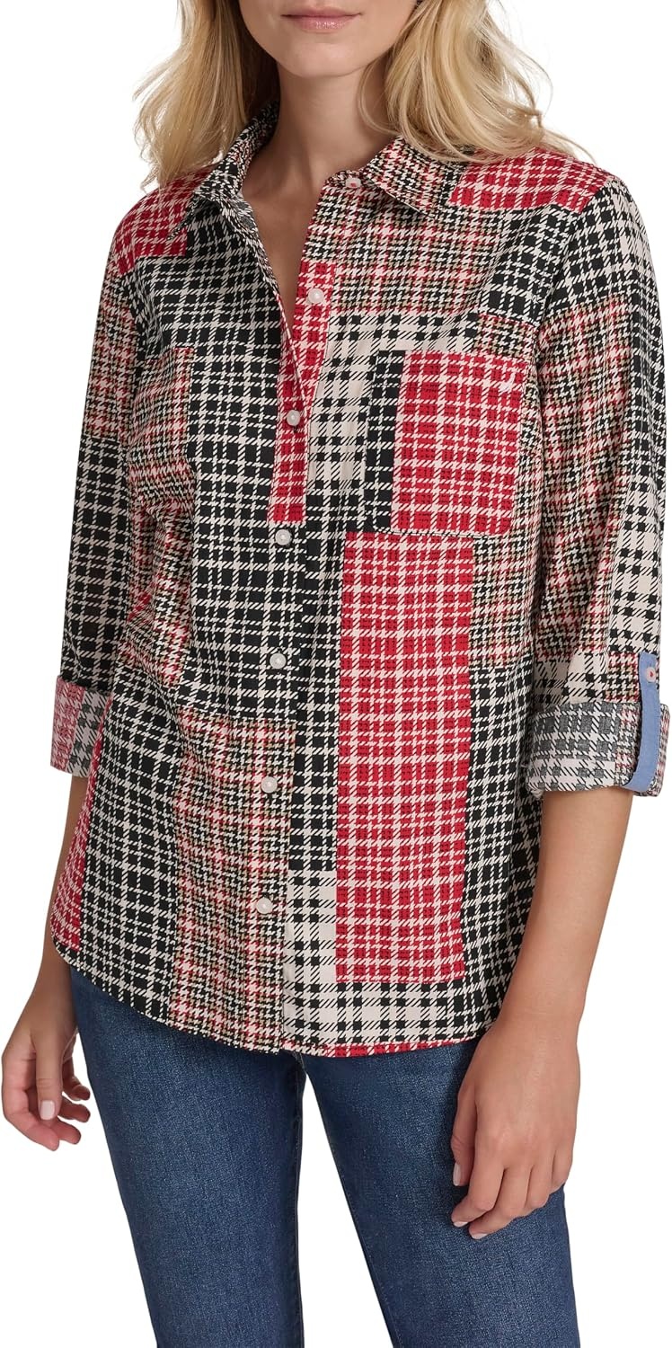 image:imageNautica Womens Button Front Long Sleeve Roll Tab ShirtBlack Multi