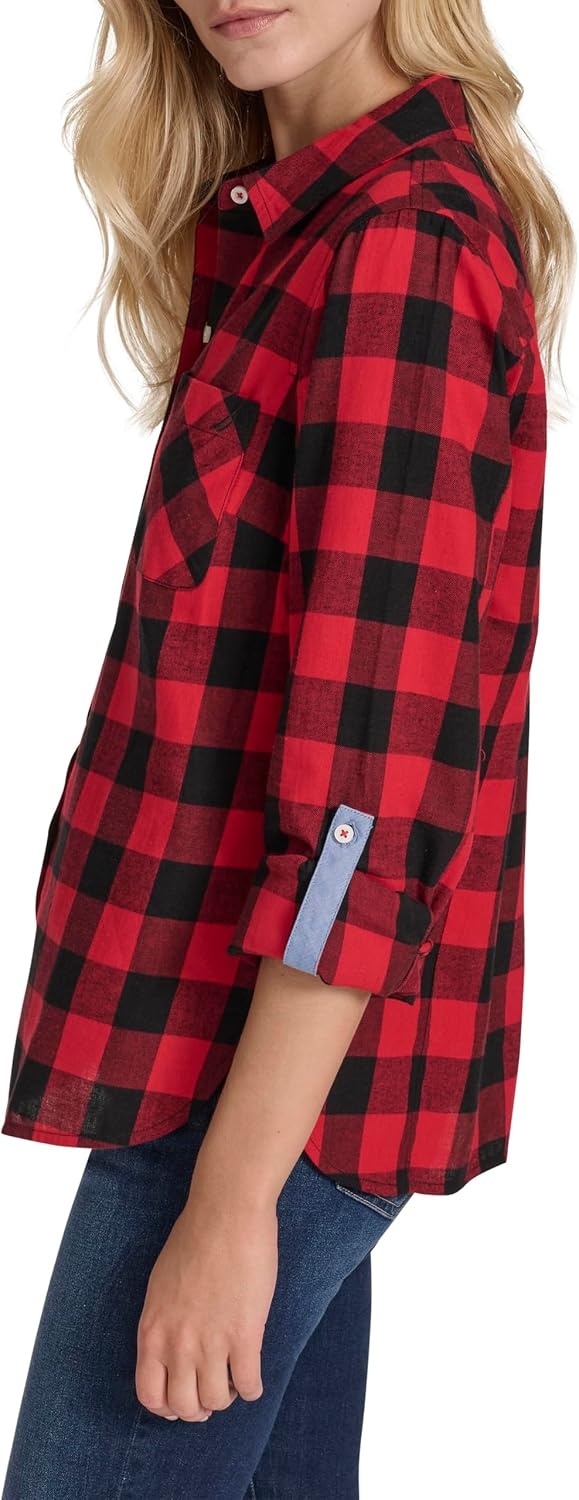 image:imageNautica Womens Button Front Long Sleeve Roll Tab ShirtBlackHaute Red