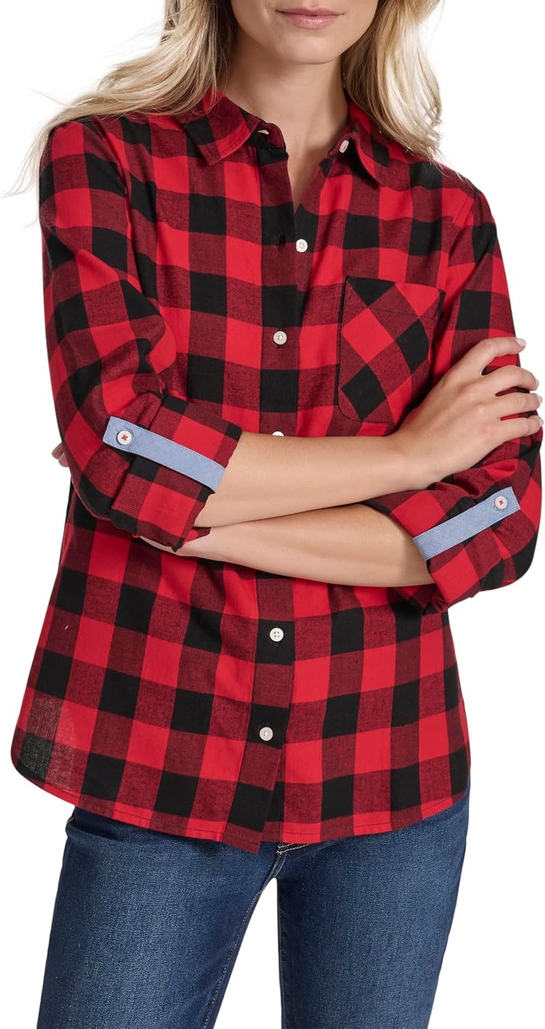 image:imageNautica Womens Button Front Long Sleeve Roll Tab ShirtBlackHaute Red