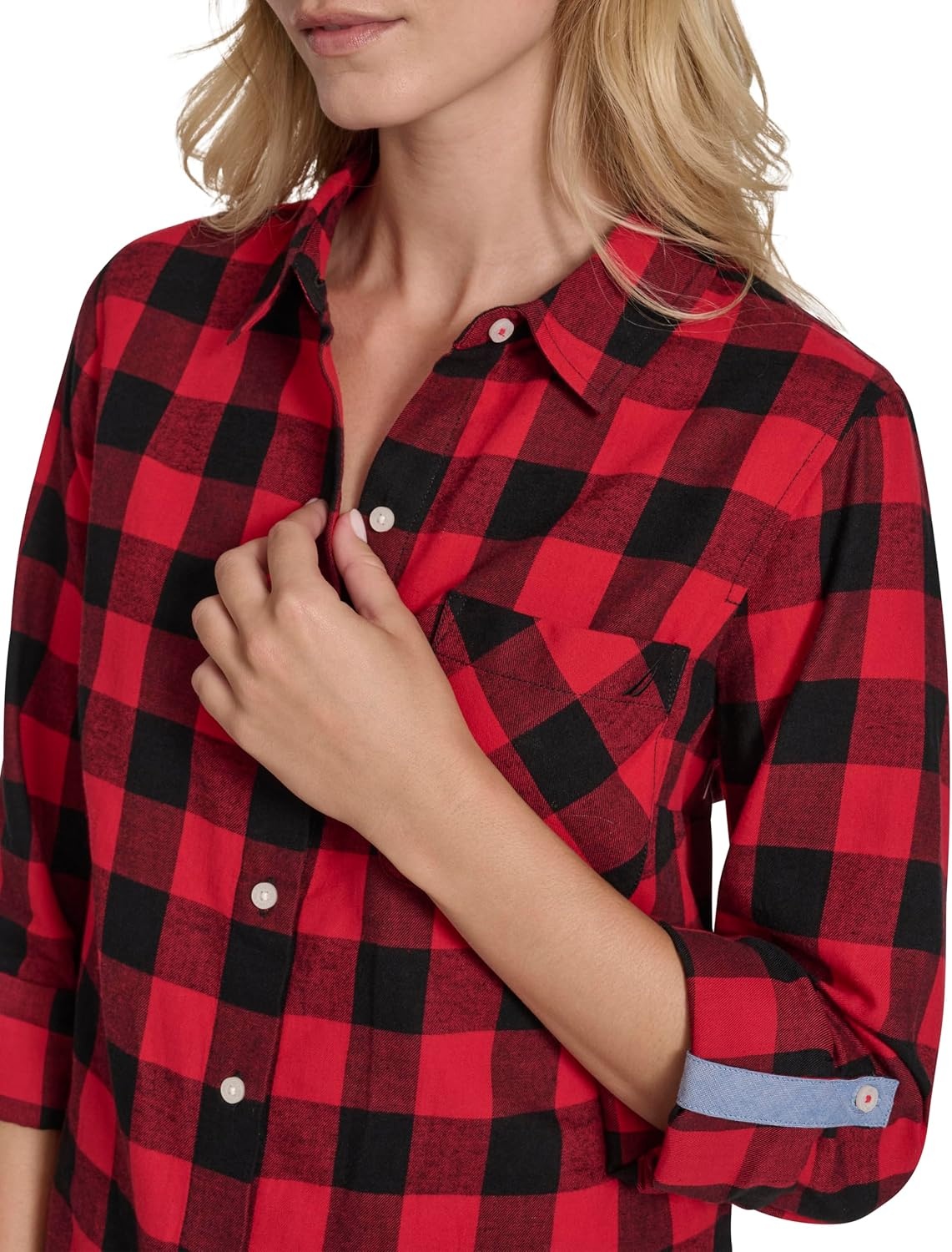 image:imageNautica Womens Button Front Long Sleeve Roll Tab ShirtBlackHaute Red