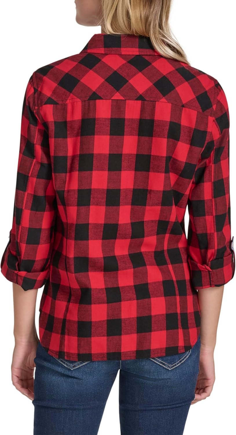 image:imageNautica Womens Button Front Long Sleeve Roll Tab ShirtBlackHaute Red