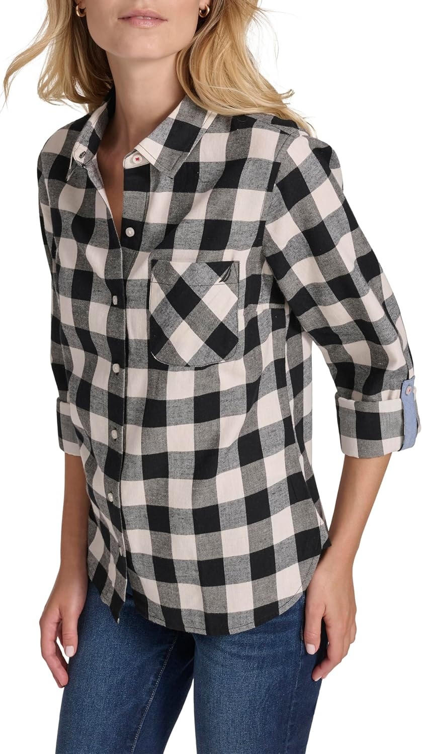 image:imageNautica Womens Button Front Long Sleeve Roll Tab ShirtBlackWhite Swan