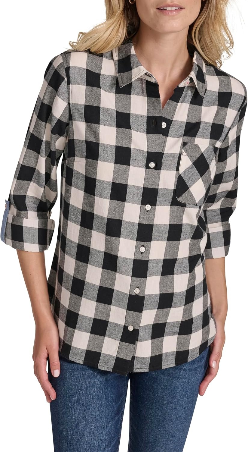 image:imageNautica Womens Button Front Long Sleeve Roll Tab ShirtBlackWhite Swan