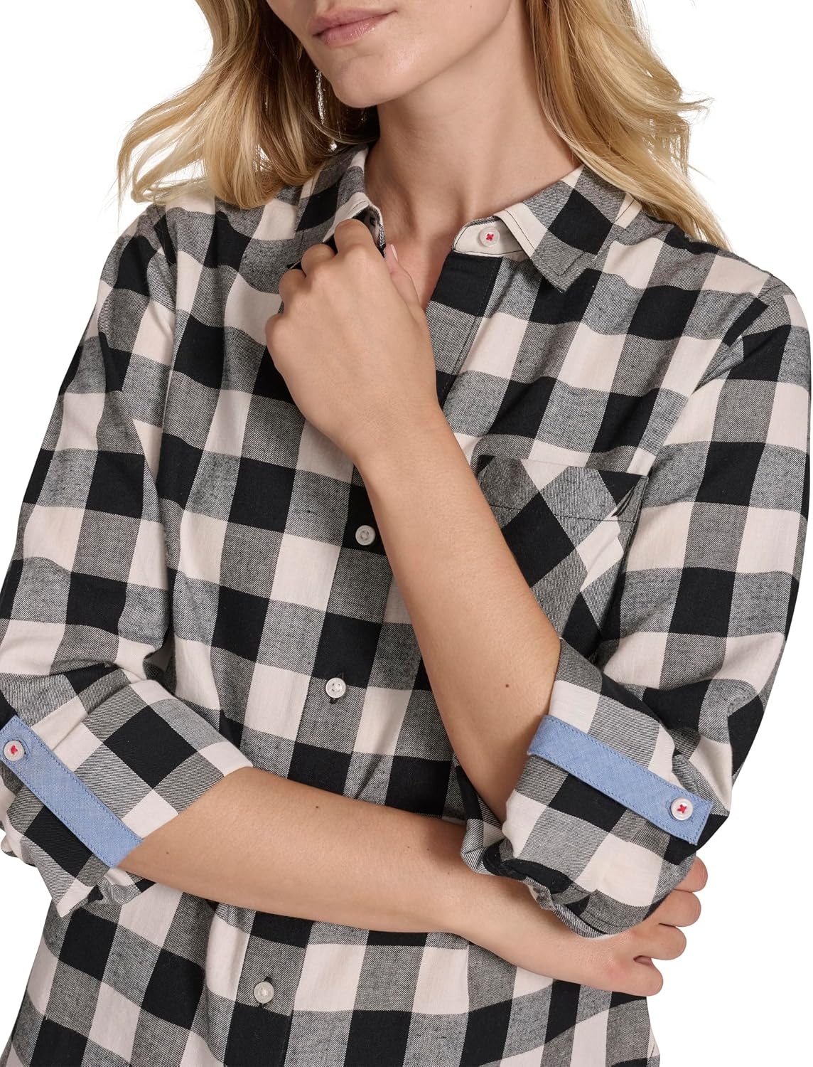 image:imageNautica Womens Button Front Long Sleeve Roll Tab ShirtBlackWhite Swan