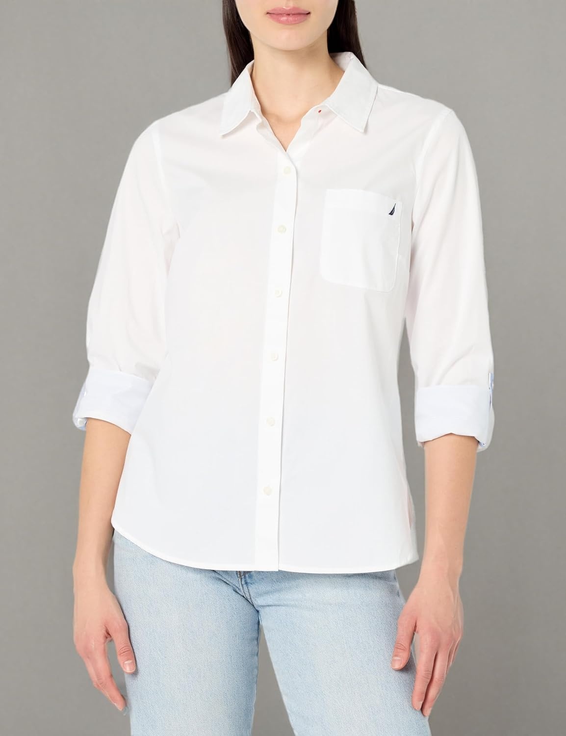 image:imageNautica Womens Button Front Long Sleeve Roll Tab ShirtBright White