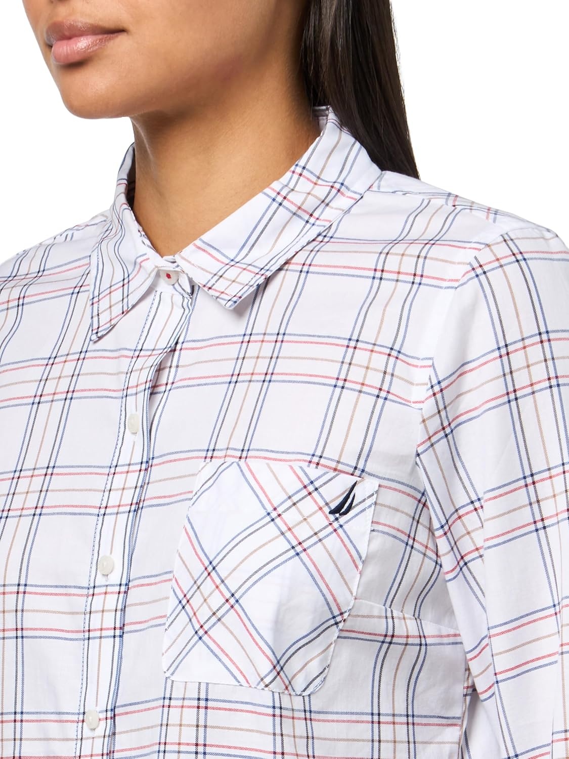 image:imageNautica Womens Button Front Long Sleeve Roll Tab ShirtBright White Multi