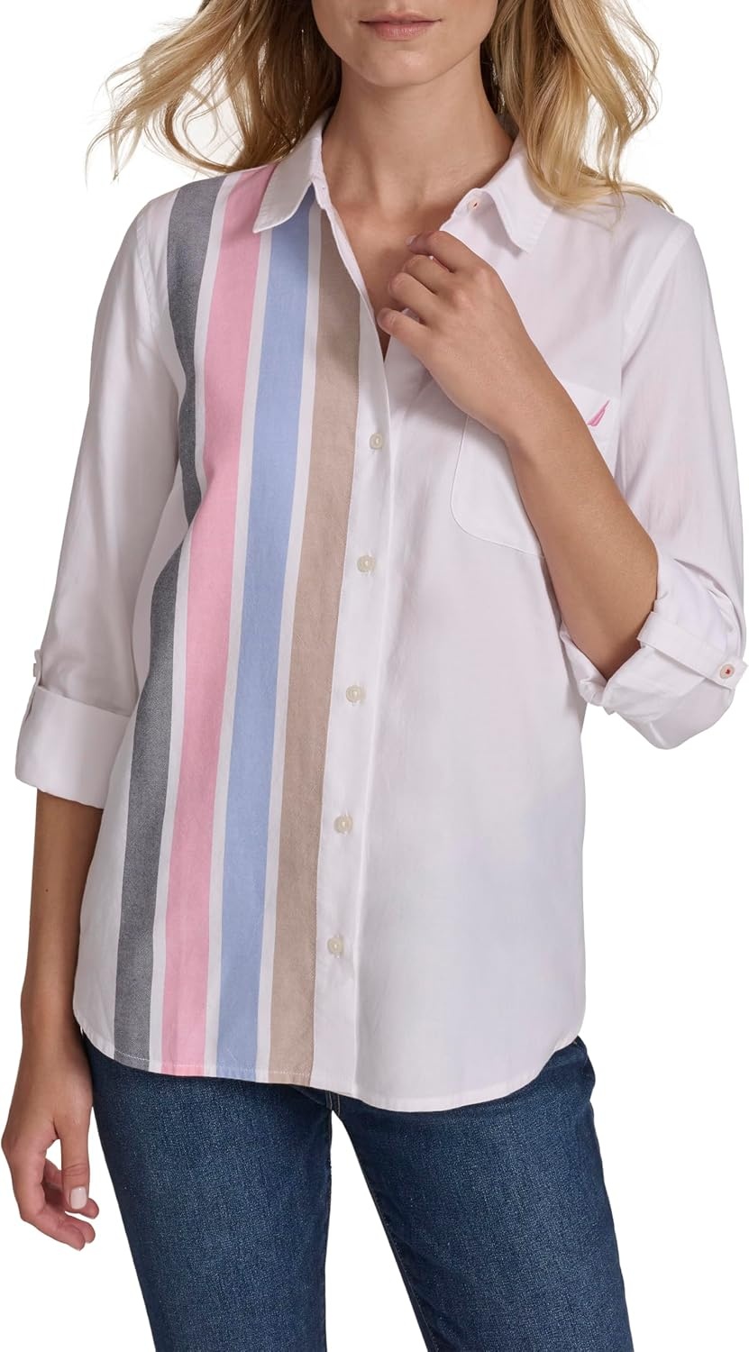 image:imageNautica Womens Button Front Long Sleeve Roll Tab ShirtConfetti