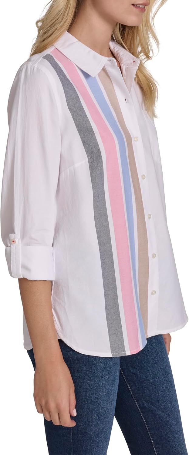 image:imageNautica Womens Button Front Long Sleeve Roll Tab ShirtConfetti